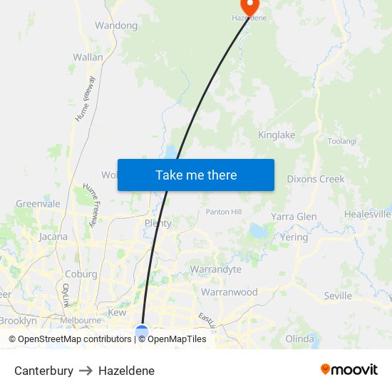 Canterbury to Hazeldene map