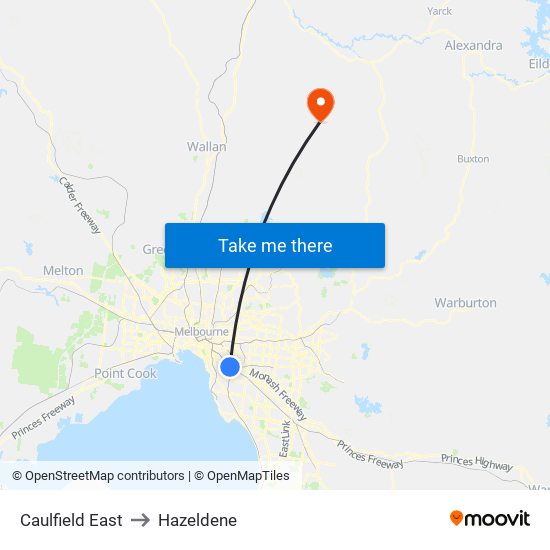 Caulfield East to Hazeldene map