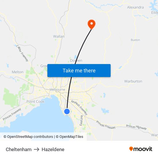 Cheltenham to Hazeldene map