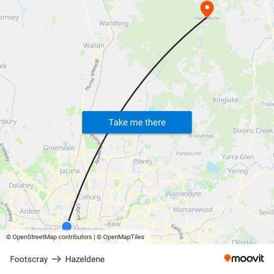 Footscray to Hazeldene map