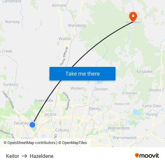 Keilor to Hazeldene map