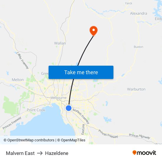 Malvern East to Hazeldene map