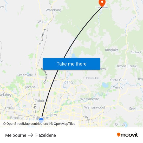 Melbourne to Hazeldene map