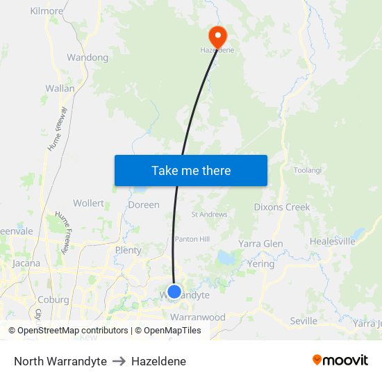 North Warrandyte to Hazeldene map