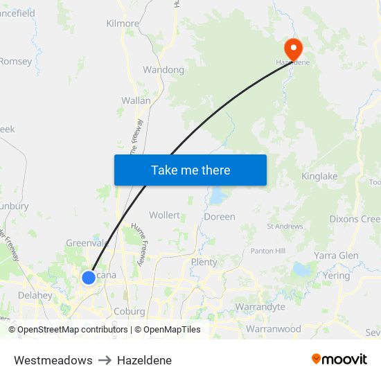 Westmeadows to Hazeldene map