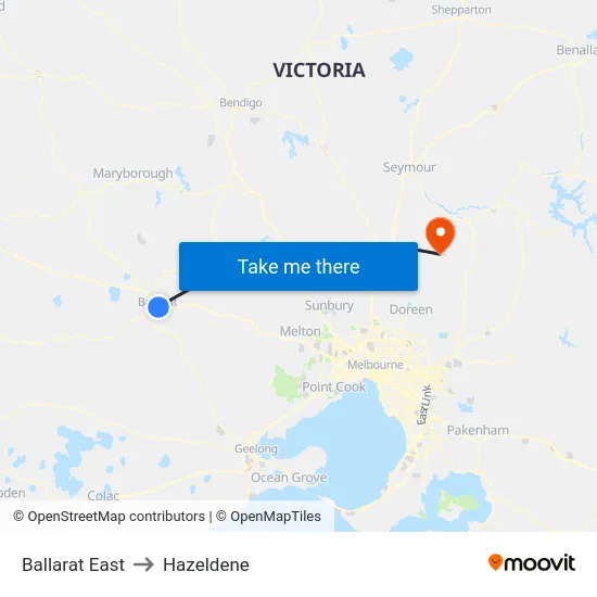 Ballarat East to Hazeldene map