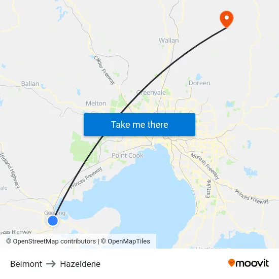 Belmont to Hazeldene map