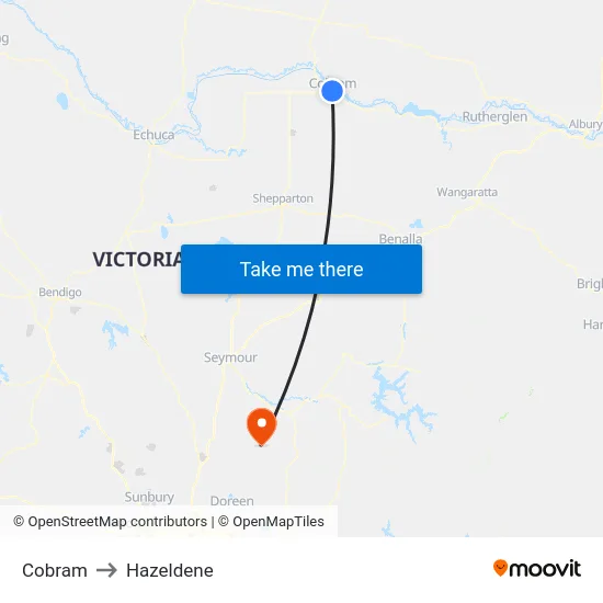 Cobram to Hazeldene map