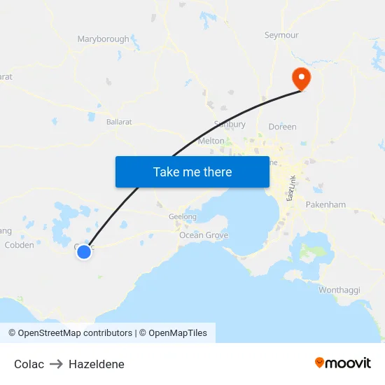 Colac to Hazeldene map