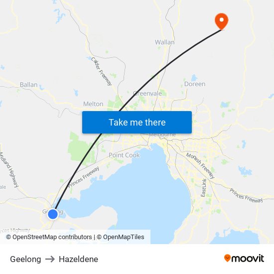 Geelong to Hazeldene map