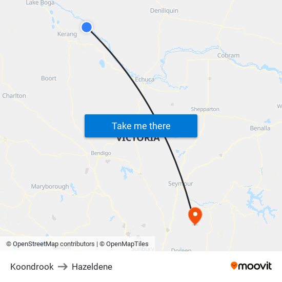 Koondrook to Hazeldene map