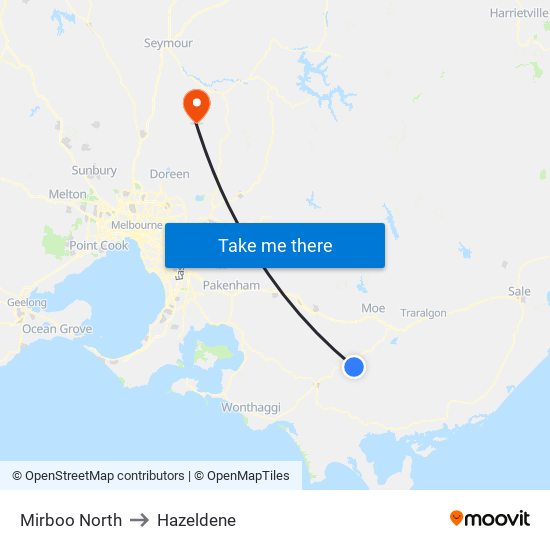 Mirboo North to Hazeldene map