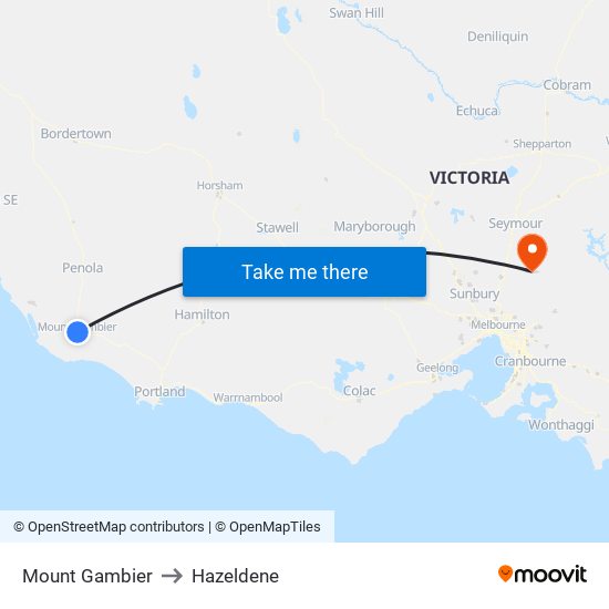 Mount Gambier to Hazeldene map