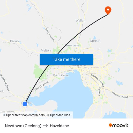 Newtown (Geelong) to Hazeldene map