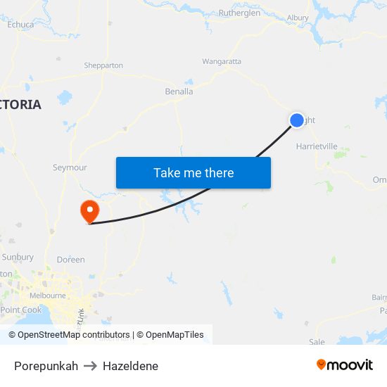 Porepunkah to Hazeldene map