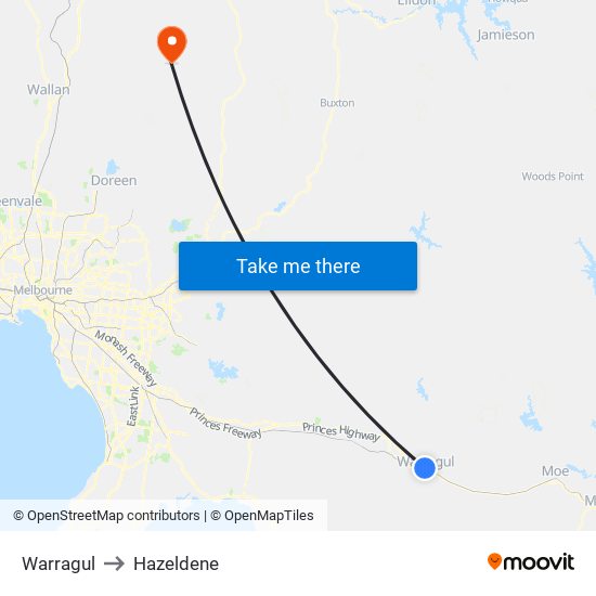 Warragul to Hazeldene map