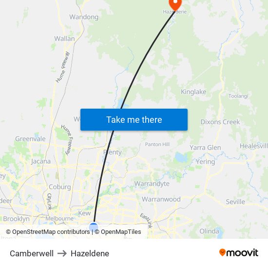 Camberwell to Hazeldene map