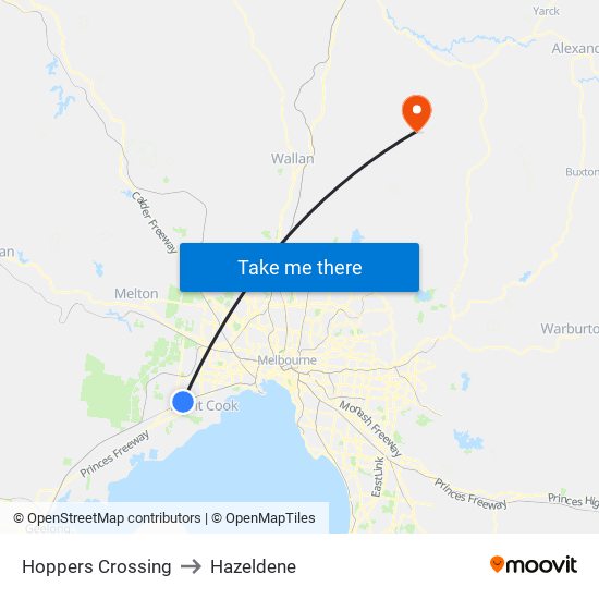 Hoppers Crossing to Hazeldene map