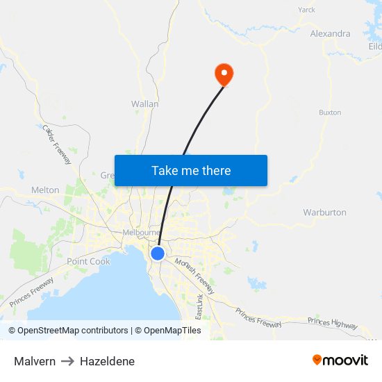 Malvern to Hazeldene map