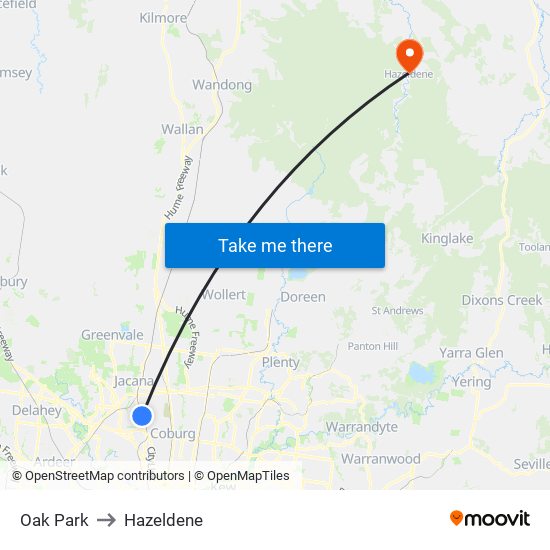 Oak Park to Hazeldene map