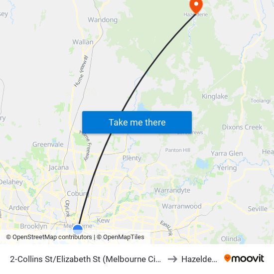 2-Collins St/Elizabeth St (Melbourne City) to Hazeldene map