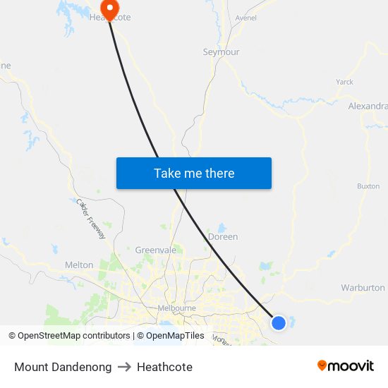 Mount Dandenong to Heathcote map