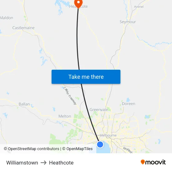 Williamstown to Heathcote map