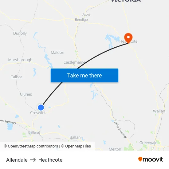Allendale to Heathcote map