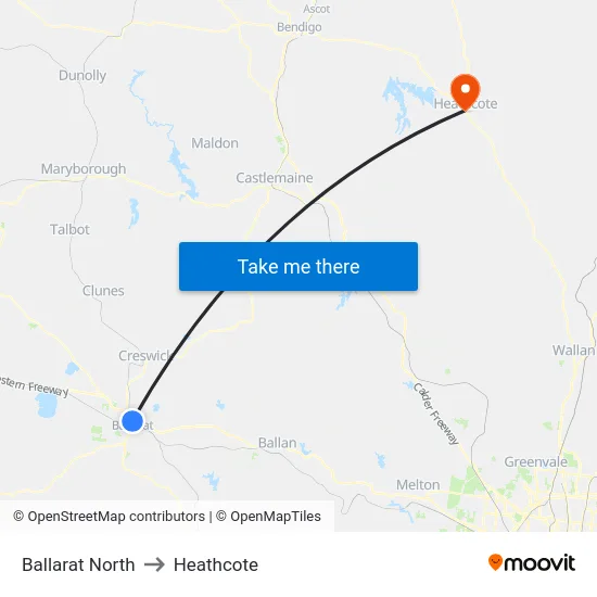 Ballarat North to Heathcote map