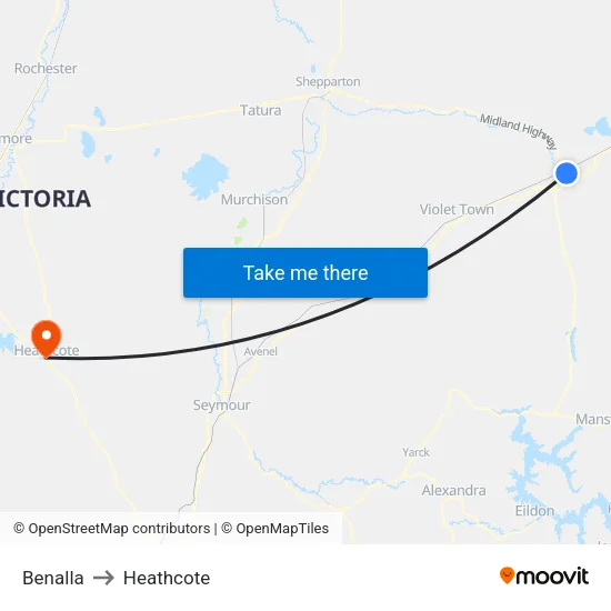 Benalla to Heathcote map
