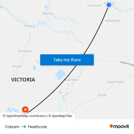 Cobram to Heathcote map