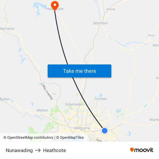 Nunawading to Heathcote map