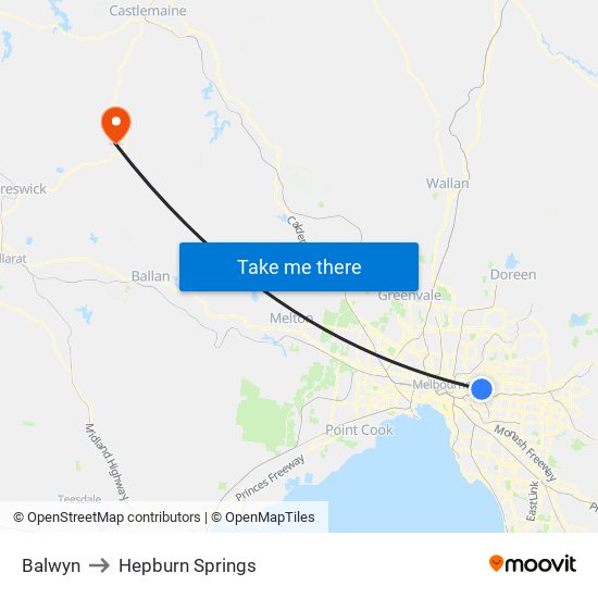Balwyn to Hepburn Springs map