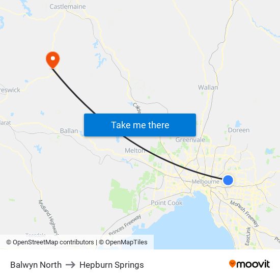 Balwyn North to Hepburn Springs map