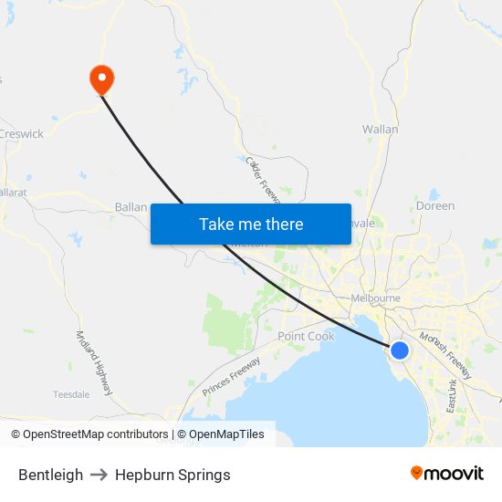 Bentleigh to Hepburn Springs map