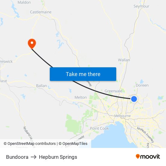 Bundoora to Hepburn Springs map