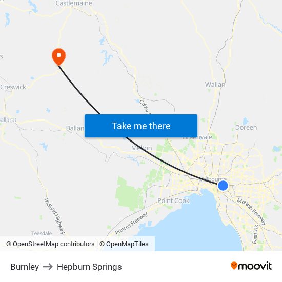 Burnley to Hepburn Springs map