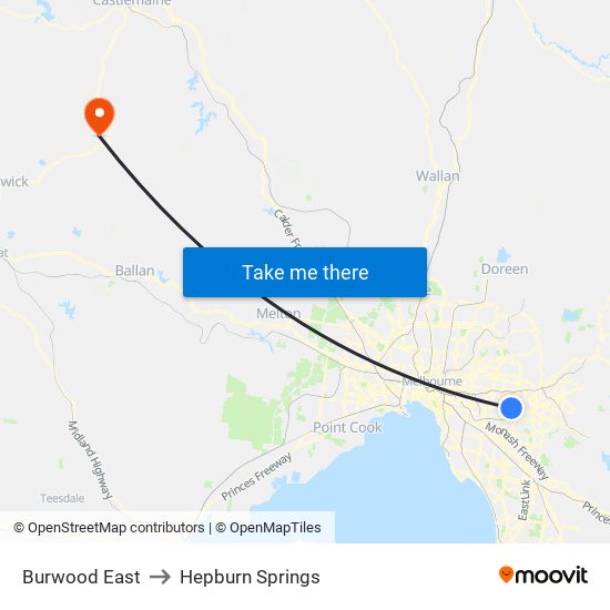 Burwood East to Hepburn Springs map