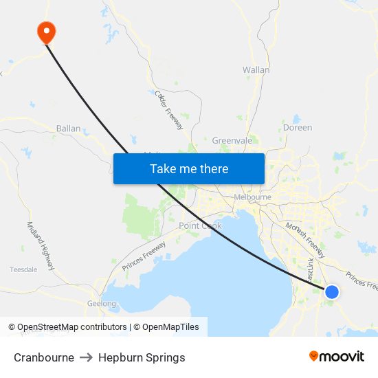 Cranbourne to Hepburn Springs map