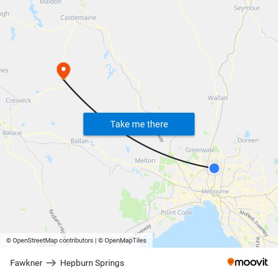 Fawkner to Hepburn Springs map