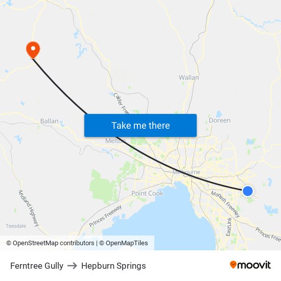 Ferntree Gully to Hepburn Springs map