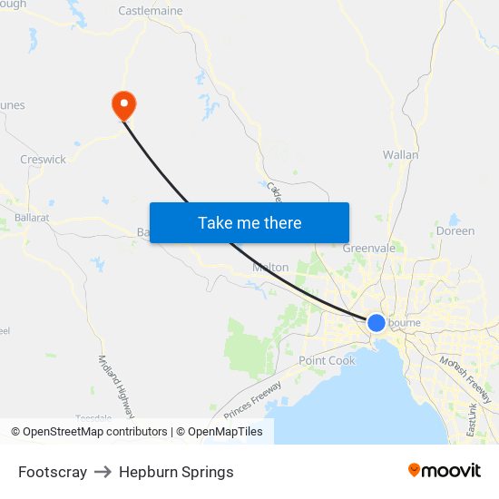 Footscray to Hepburn Springs map