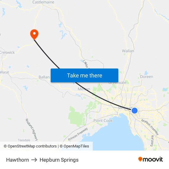 Hawthorn to Hepburn Springs map