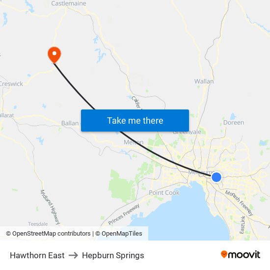 Hawthorn East to Hepburn Springs map