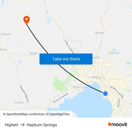 Highett to Hepburn Springs map