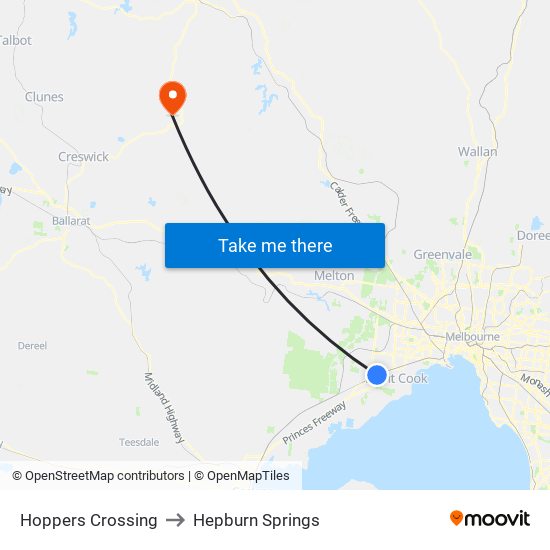 Hoppers Crossing to Hepburn Springs map