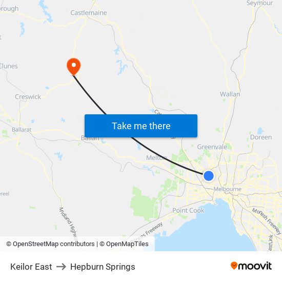 Keilor East to Hepburn Springs map