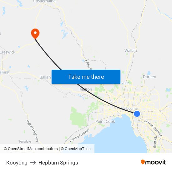 Kooyong to Hepburn Springs map