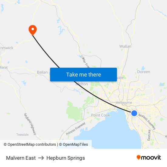 Malvern East to Hepburn Springs map