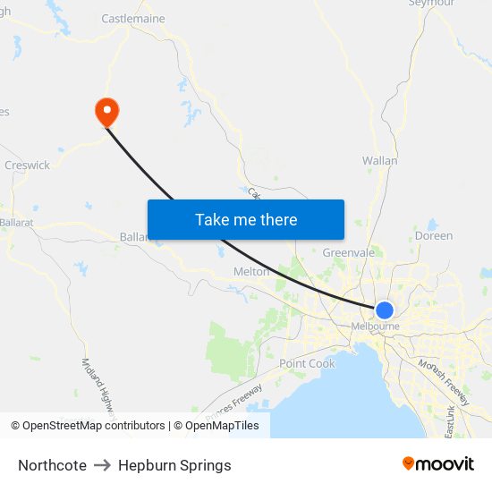 Northcote to Hepburn Springs map